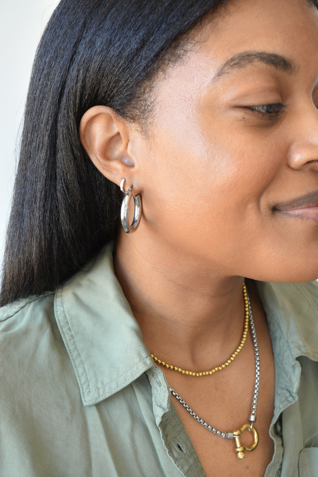 Thick Hoop Huggie Earrings - Silver image 1
